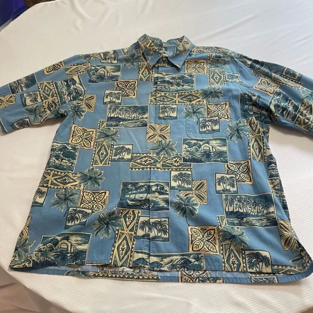 Reyn Spooner VTG Blue Palm Short Sleeve Button Up Shirt Size XL